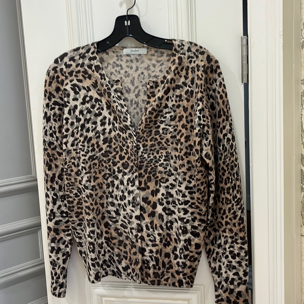 Neiman Marcus animal print cashmere cardigan sweater